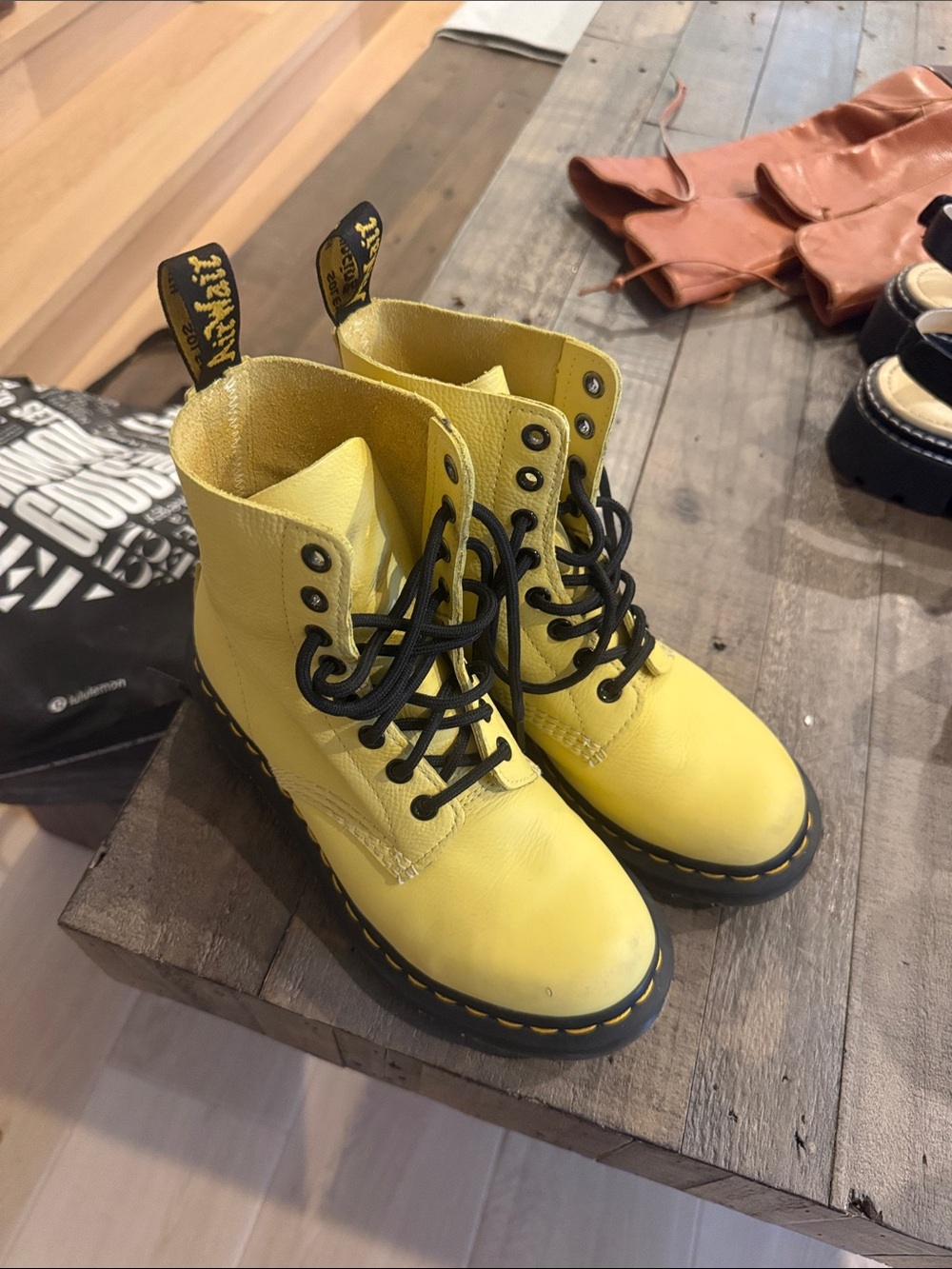 Dr. Martens Yellow Leather Lace-Up Boots with Black Accents